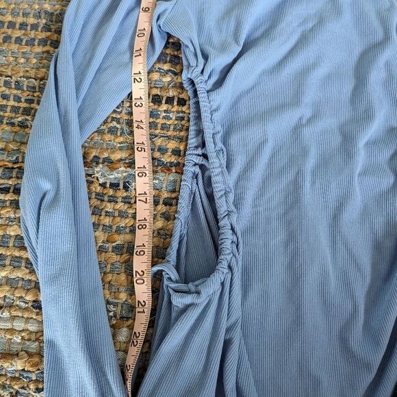 Dress Blue Bodycon L/S Ruched Cut Out Rib Drawstring L Ribbed Stretch Sexy Clubb - Picture 5 of 7